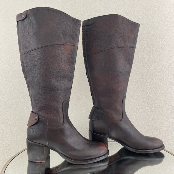 PATRICIA NASH Dark Brown Red Leather Loretta Tall Knee High Riding Heeled Boots - Picture 4 of 16